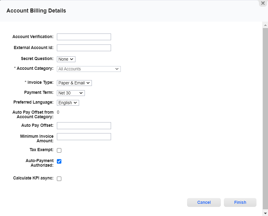 Account Billing Details - Account Verification Fields