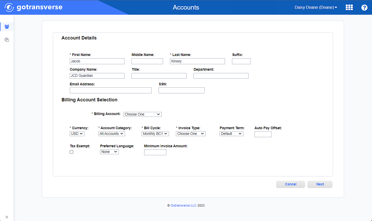 Account Details for New Order