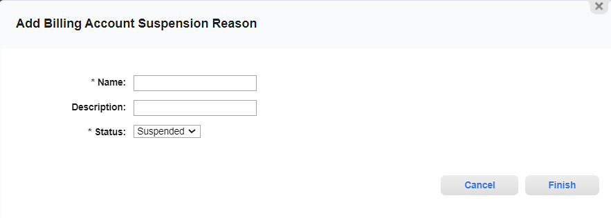 Add Billing Account Suspension Reason Window