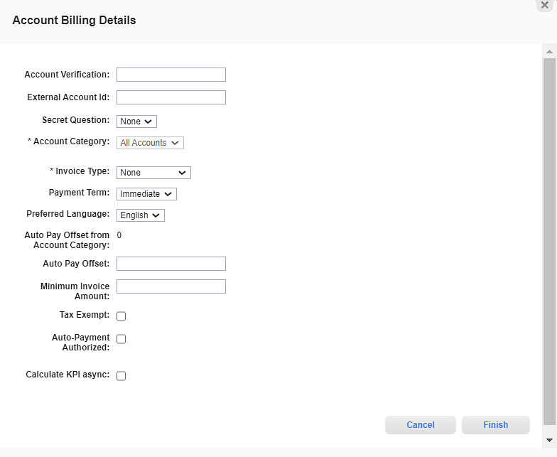 Account Billing Details - Account Verification Fields