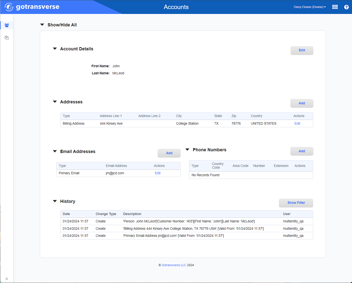 Customer Account Details Window