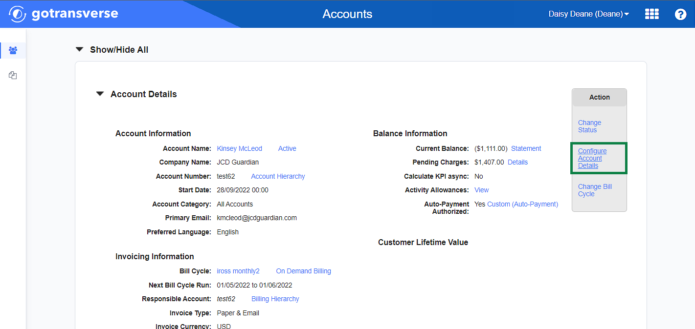 Account Details Window - Configure Account Details Option