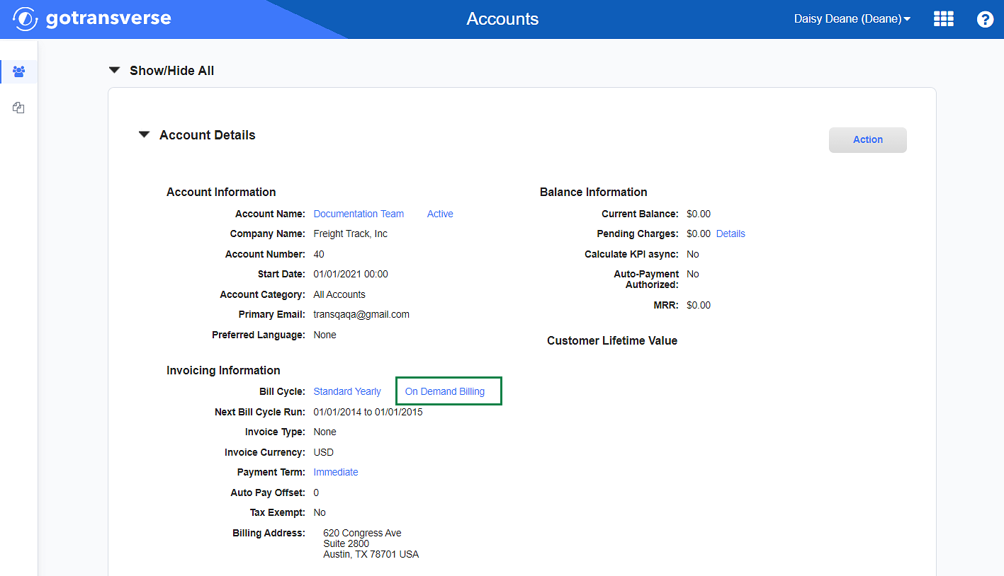 Invoicing Information - On Demand Billing Action