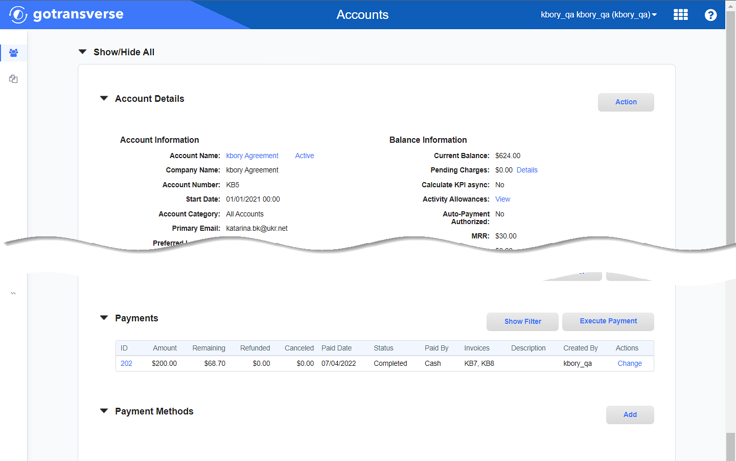 Billing Account Payments Section Table