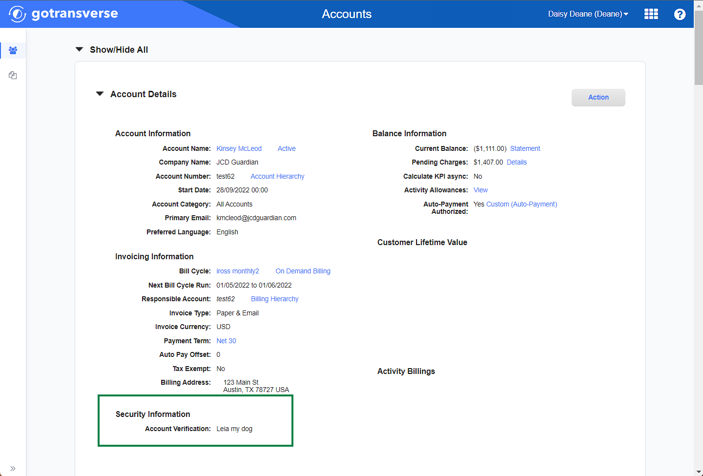 Security Information with Account Verification