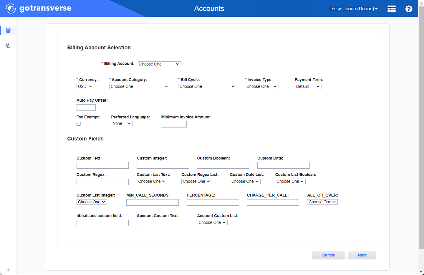 Enterprise Account - Billing Account Selection Window