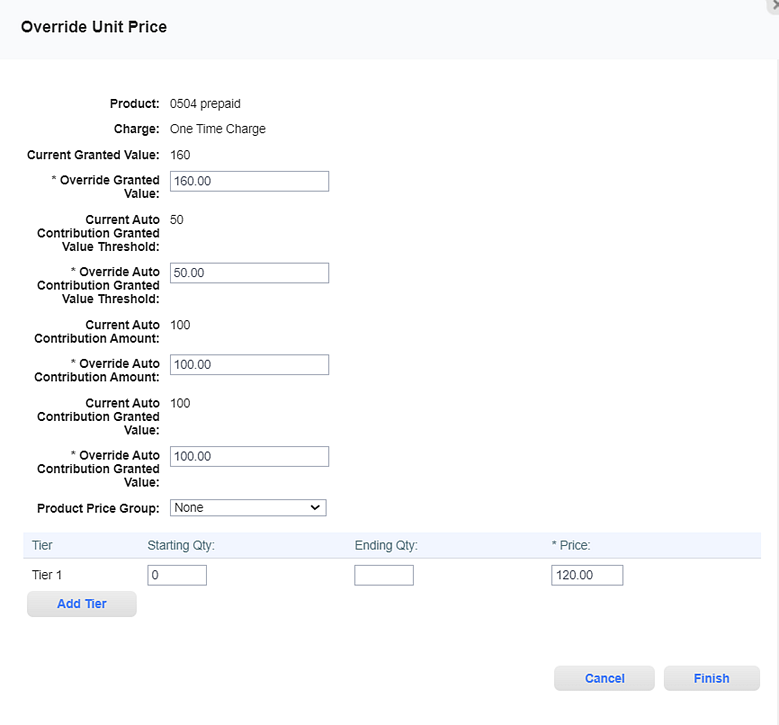 Override Unit Price Window - One Time Charge with Prepaid Register