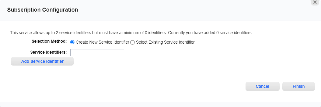 Subscription Configuration Window - Create New Service Identifier