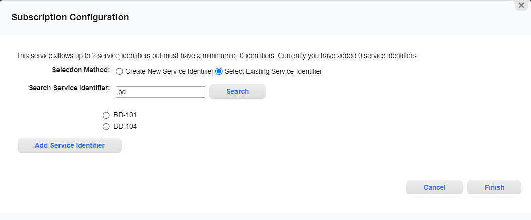 Subscription Configuration Window - Select Existing Service Identifier