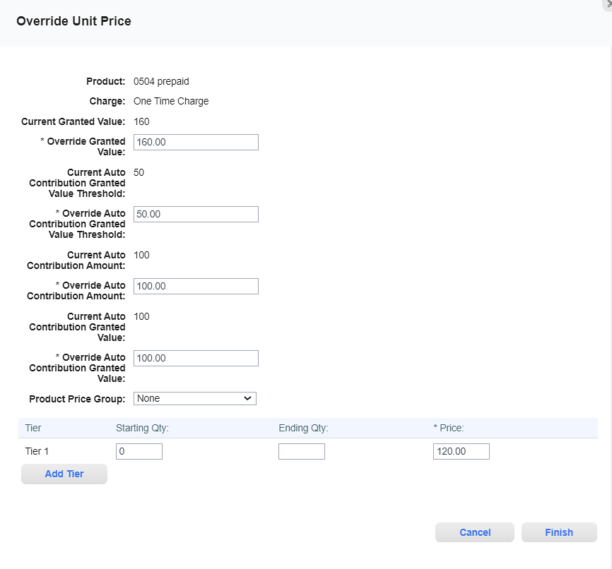 Override Unit Price Window - One Time Charge with Prepaid Register