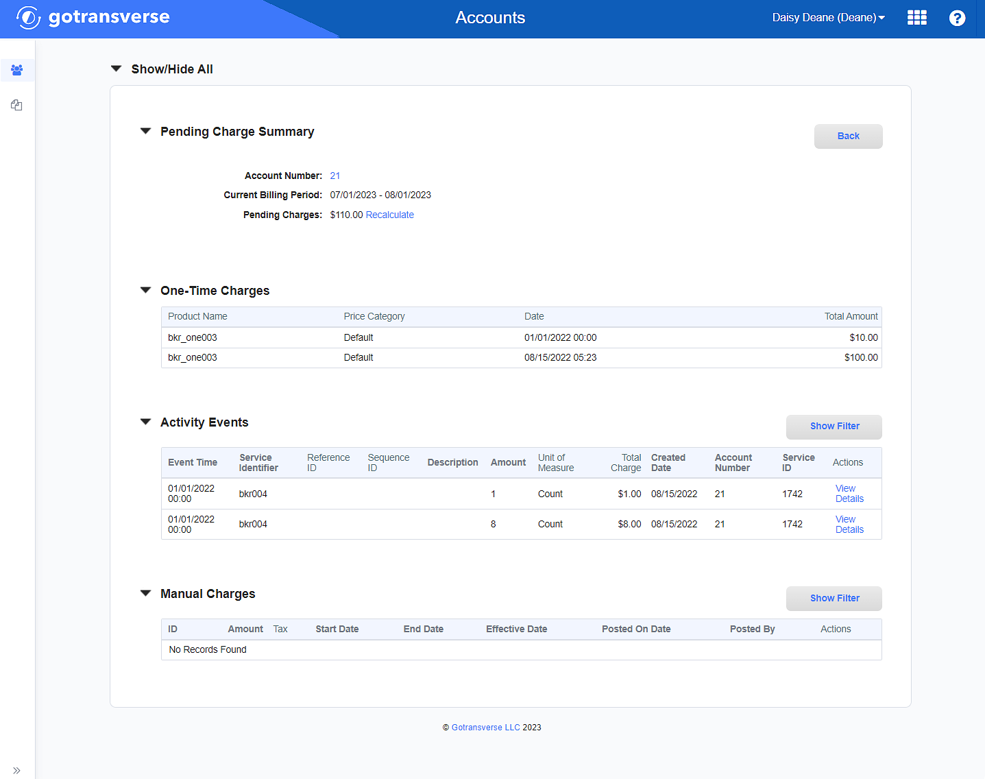 Pending Charges Details Window