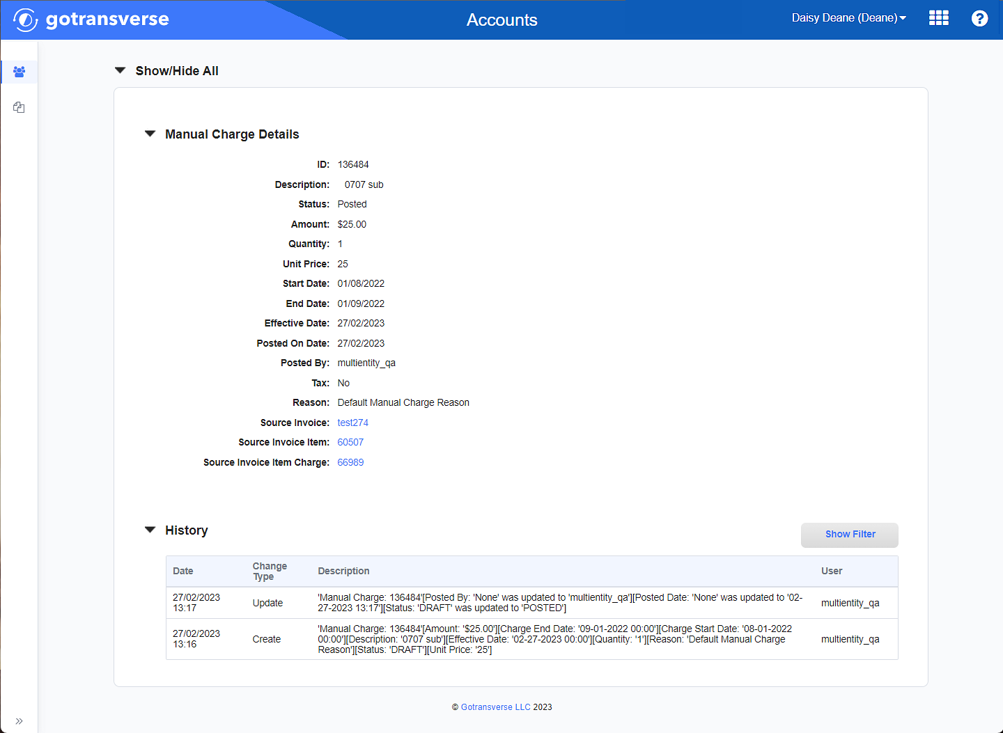 Manual Charge Details Window