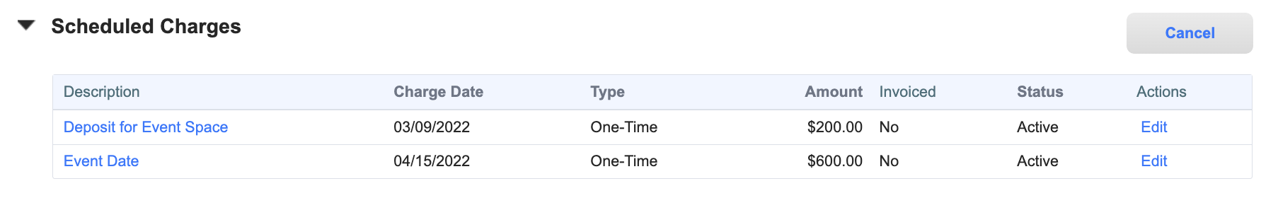 Scheduled Charges Section of a One-Time Service