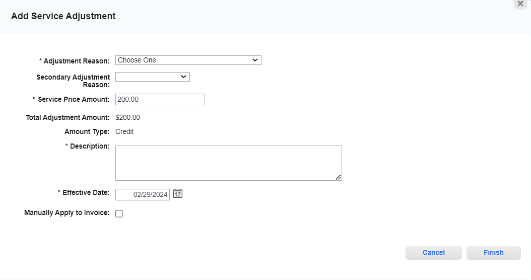 Add Service Adjustment Window