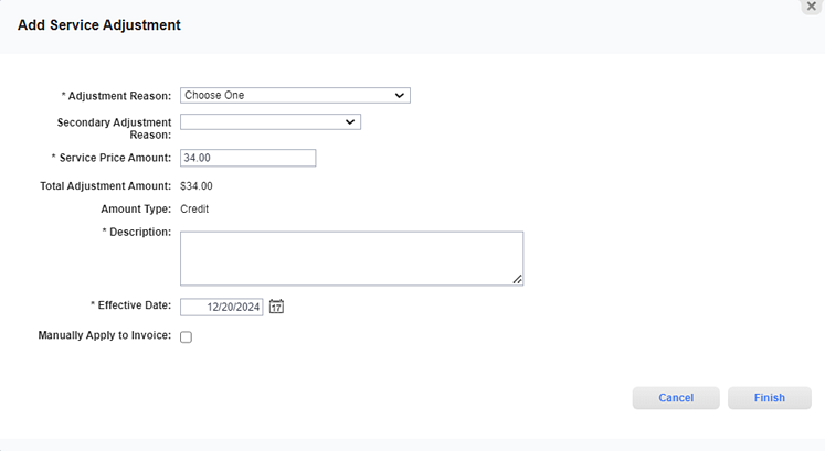 Add Service Adjustment Window