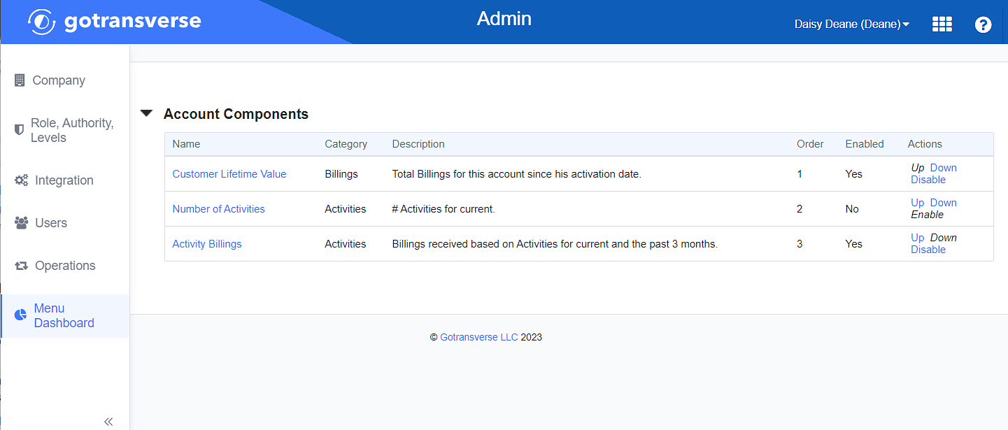 Menu Dashboard - Account Components