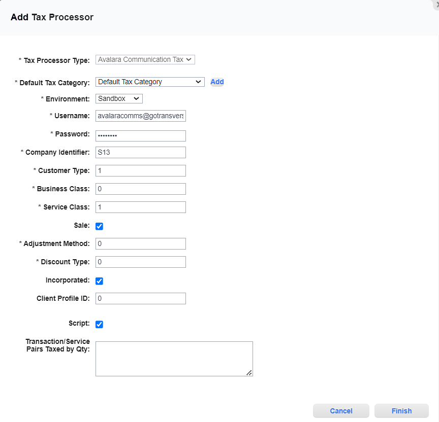 Add Tax Processor Window - Avalara Communication Tax