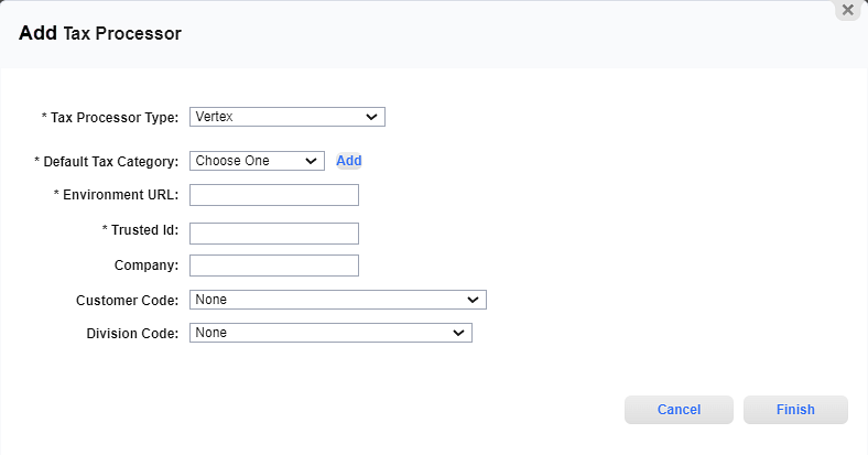 Add Tax Processor Window - Vertex Tax