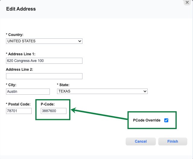 Edit Address window with PCode Override and P-Code field.