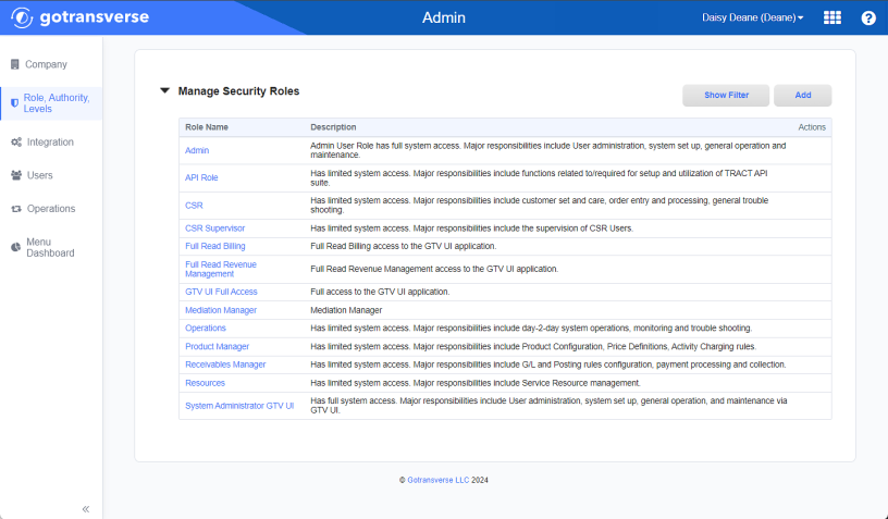 Manage Security Roles Section