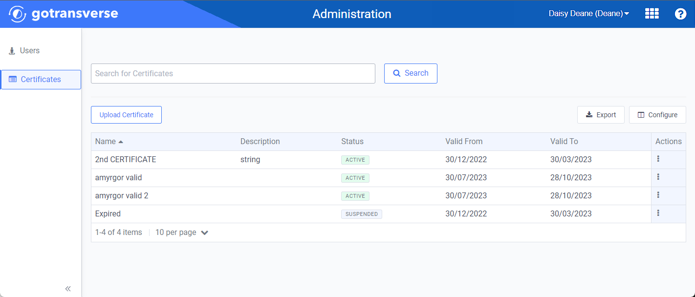 Certificates Window