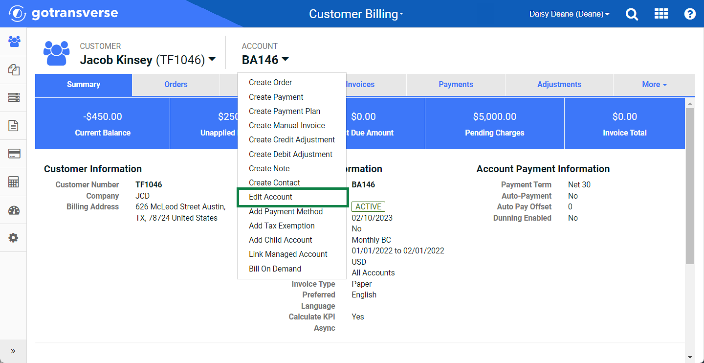 Customer Account Action Menu - Edit Account Option