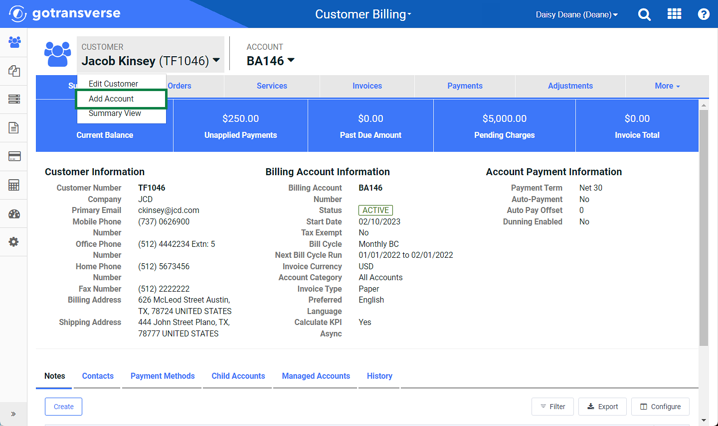 Customer Drop-Down Menu - Add Account Option