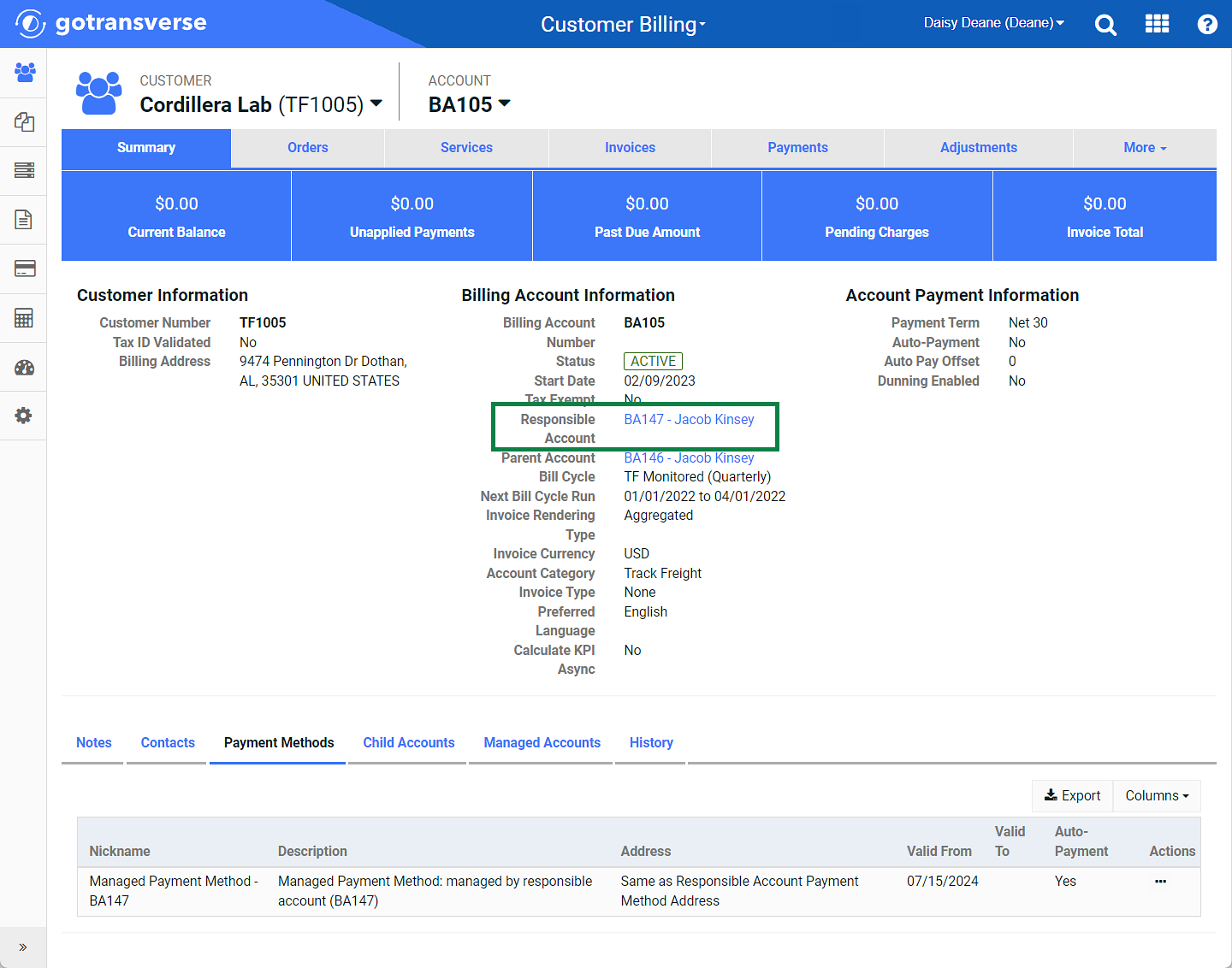 Account Details for Managed Account - Responsible Account Active Link