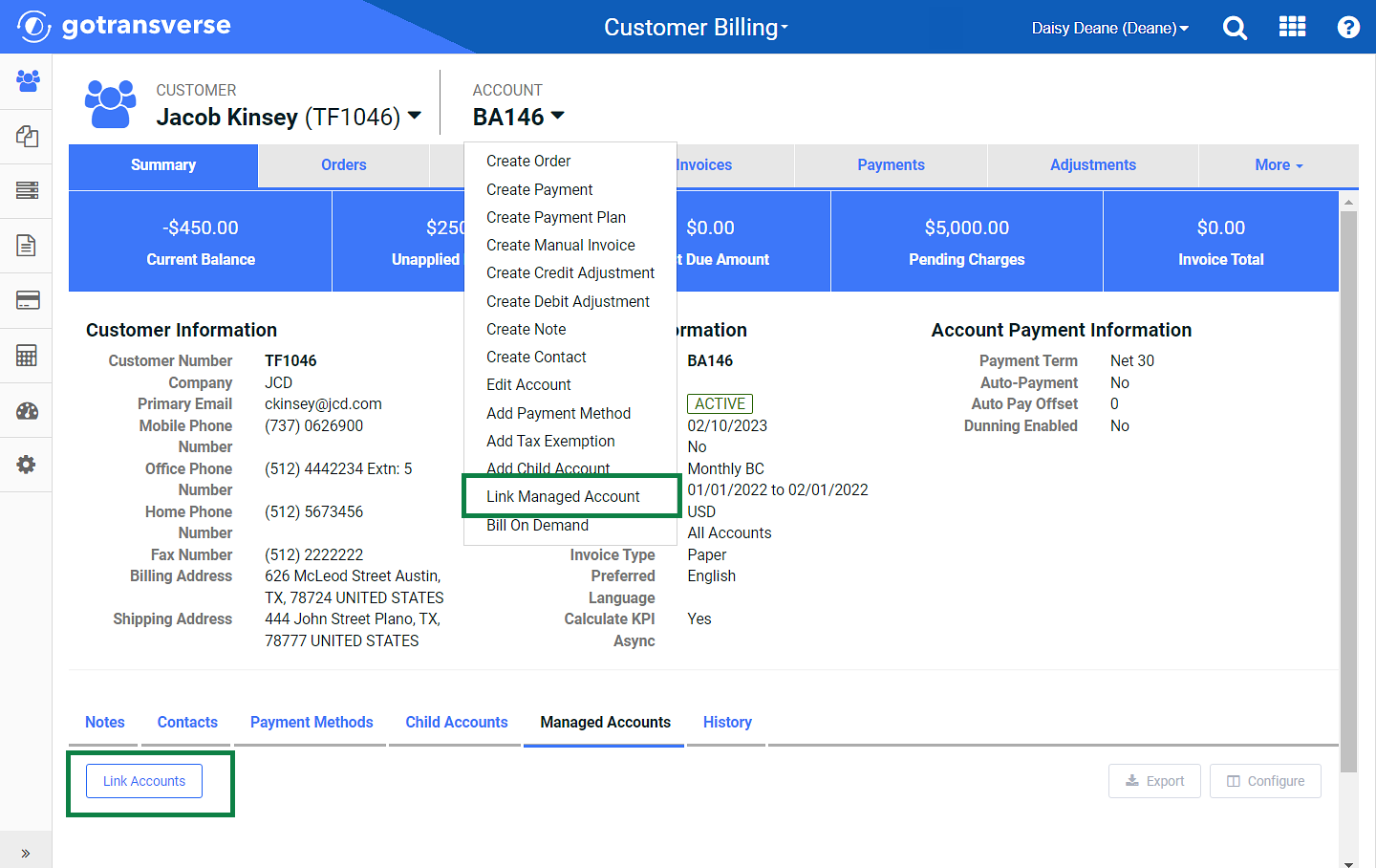 Account Drop-down Menu - Link Managed Account Option