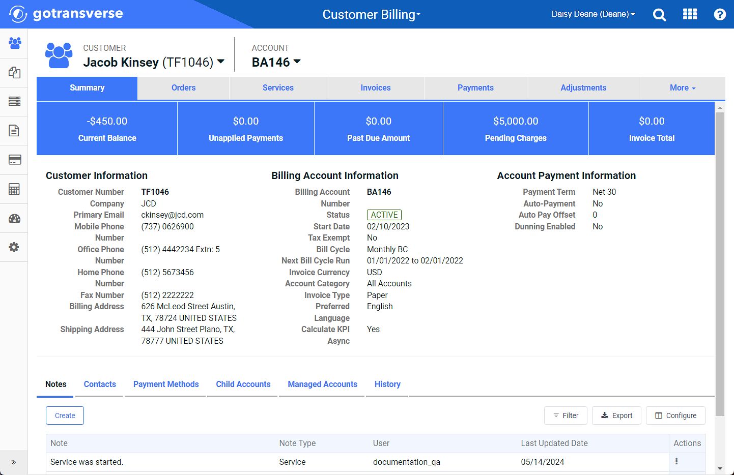 Customer Account Information Window