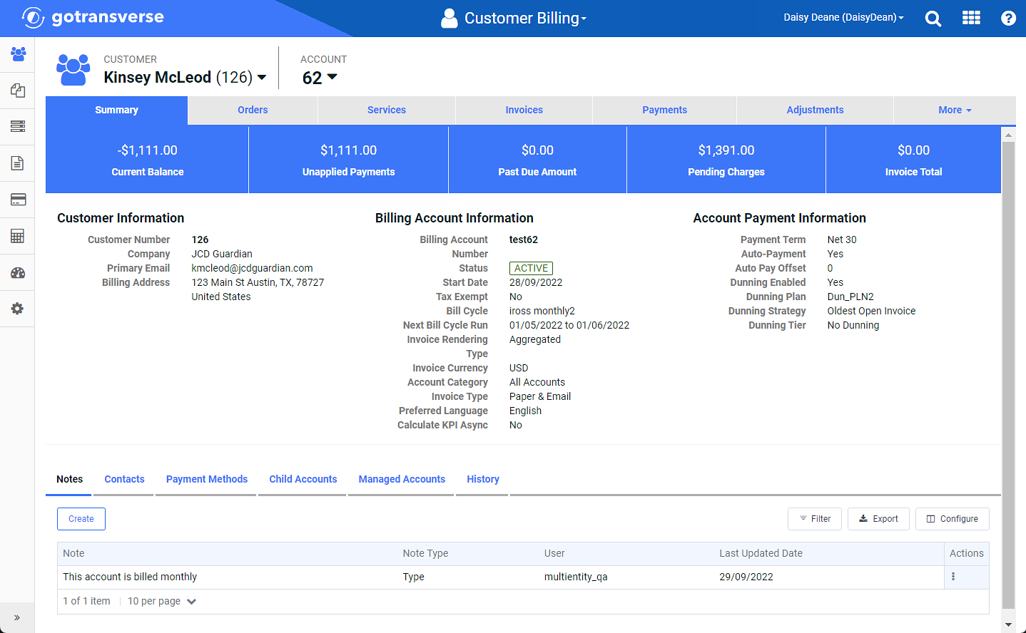 Customer Account Information Window