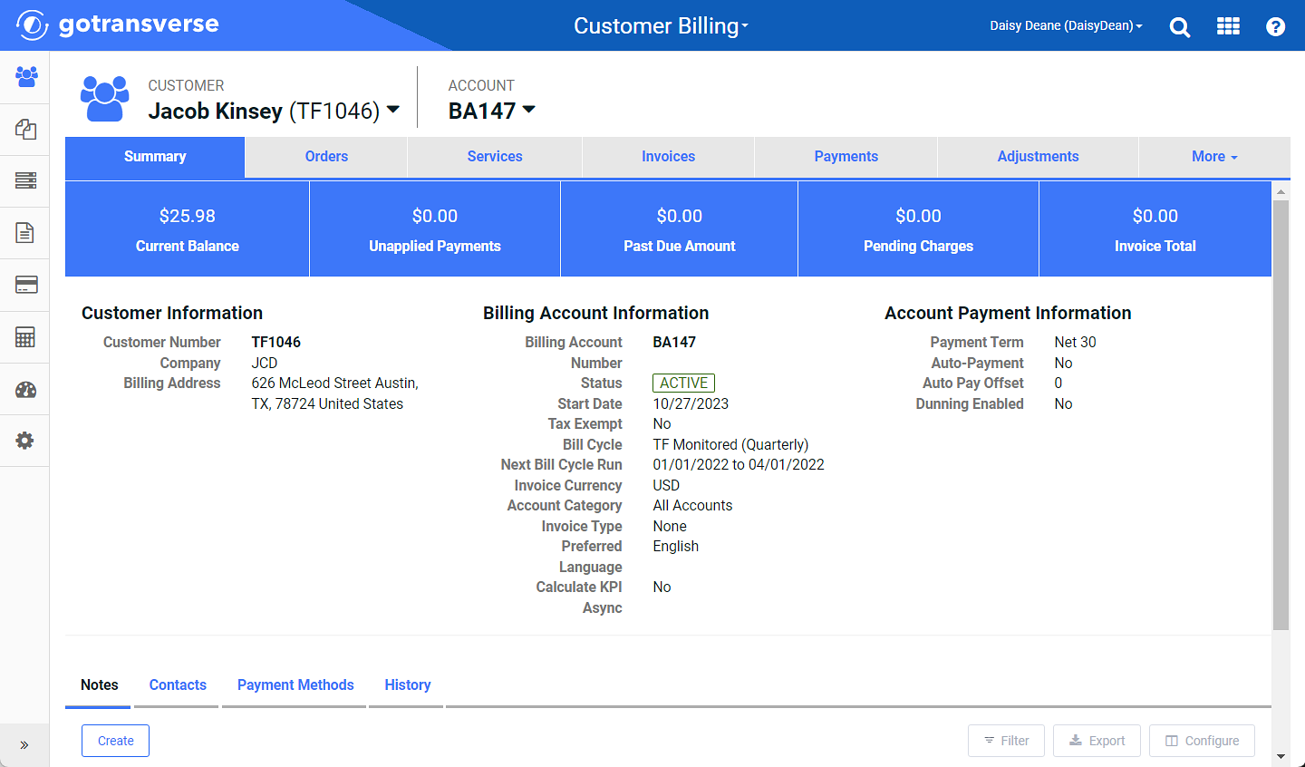 Customer Account Details Window