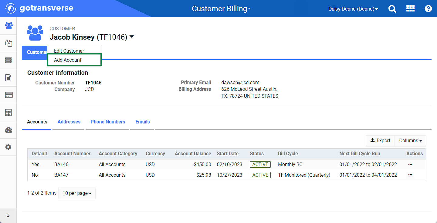 Customer Drop-down Menu - Add Account