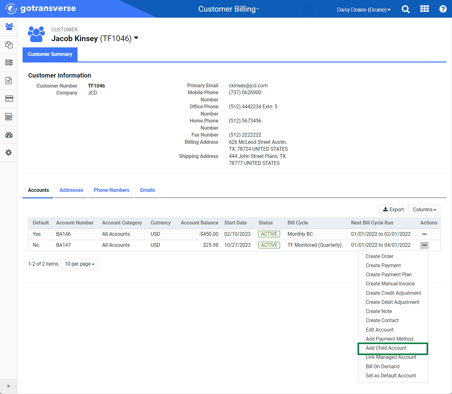 Customer Summary Window Add Child Account