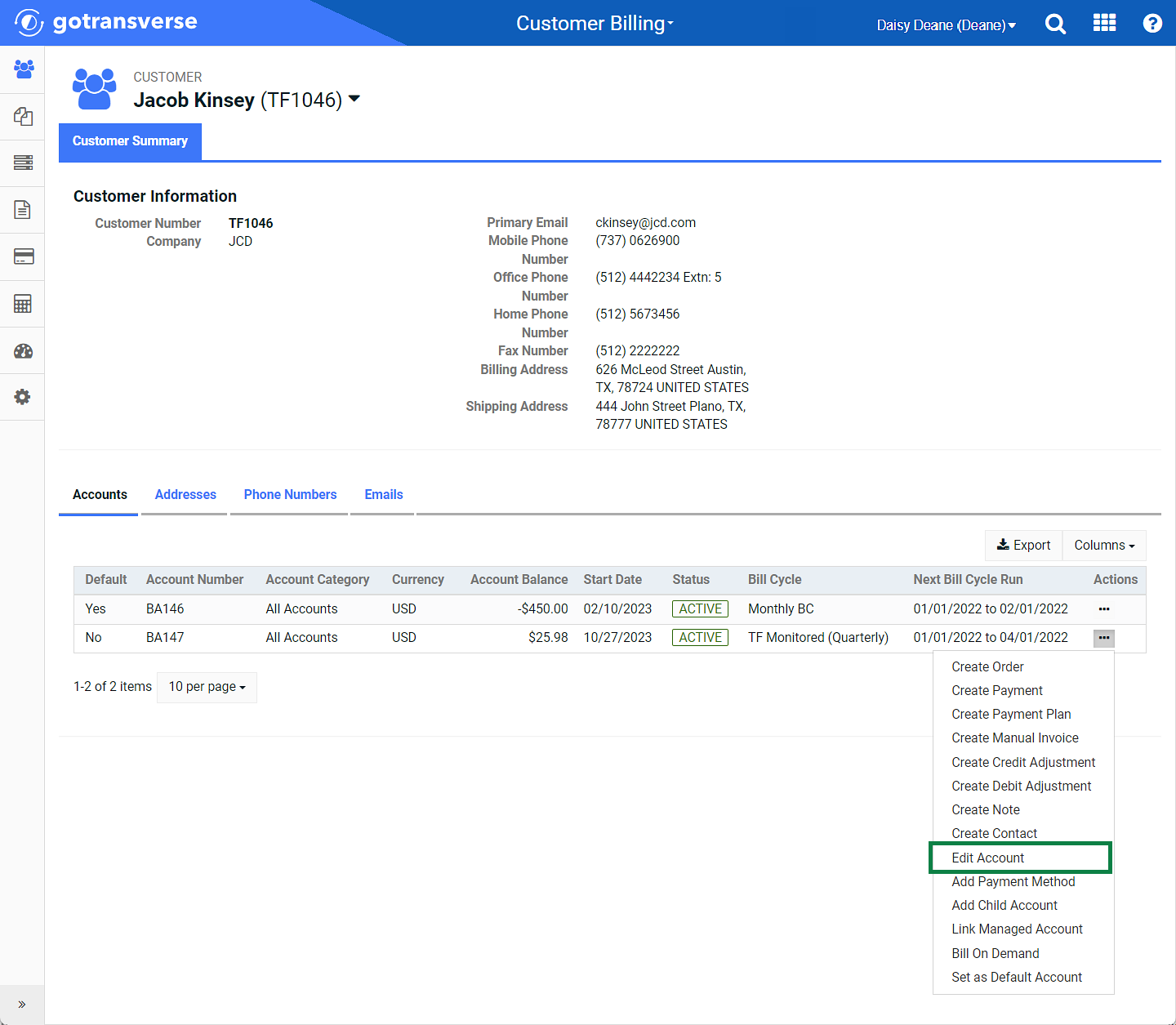 Customer Summary Window - Accounts Tab - Actions Menu - Edit Account