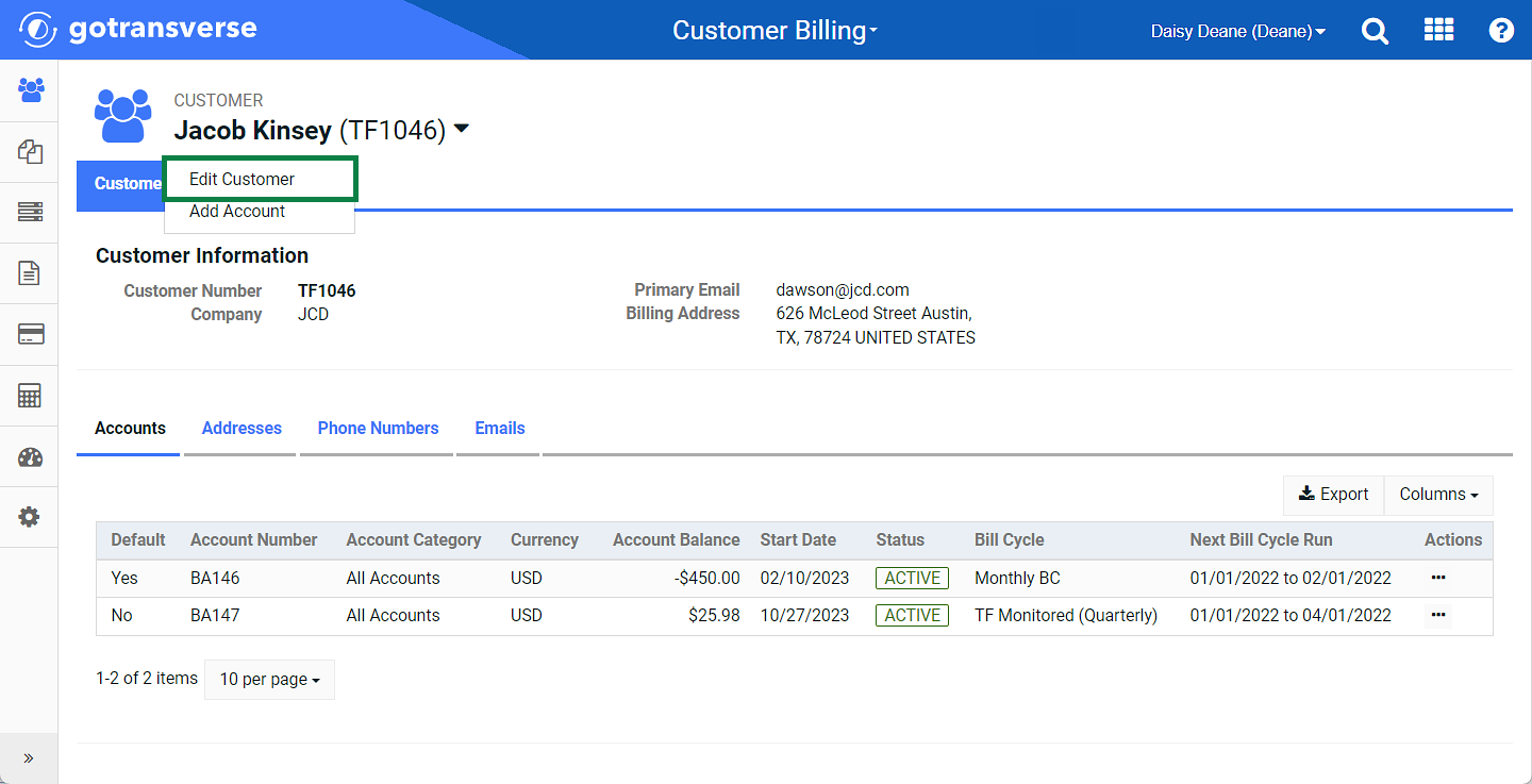 Customer Action Menu - Edit Customer