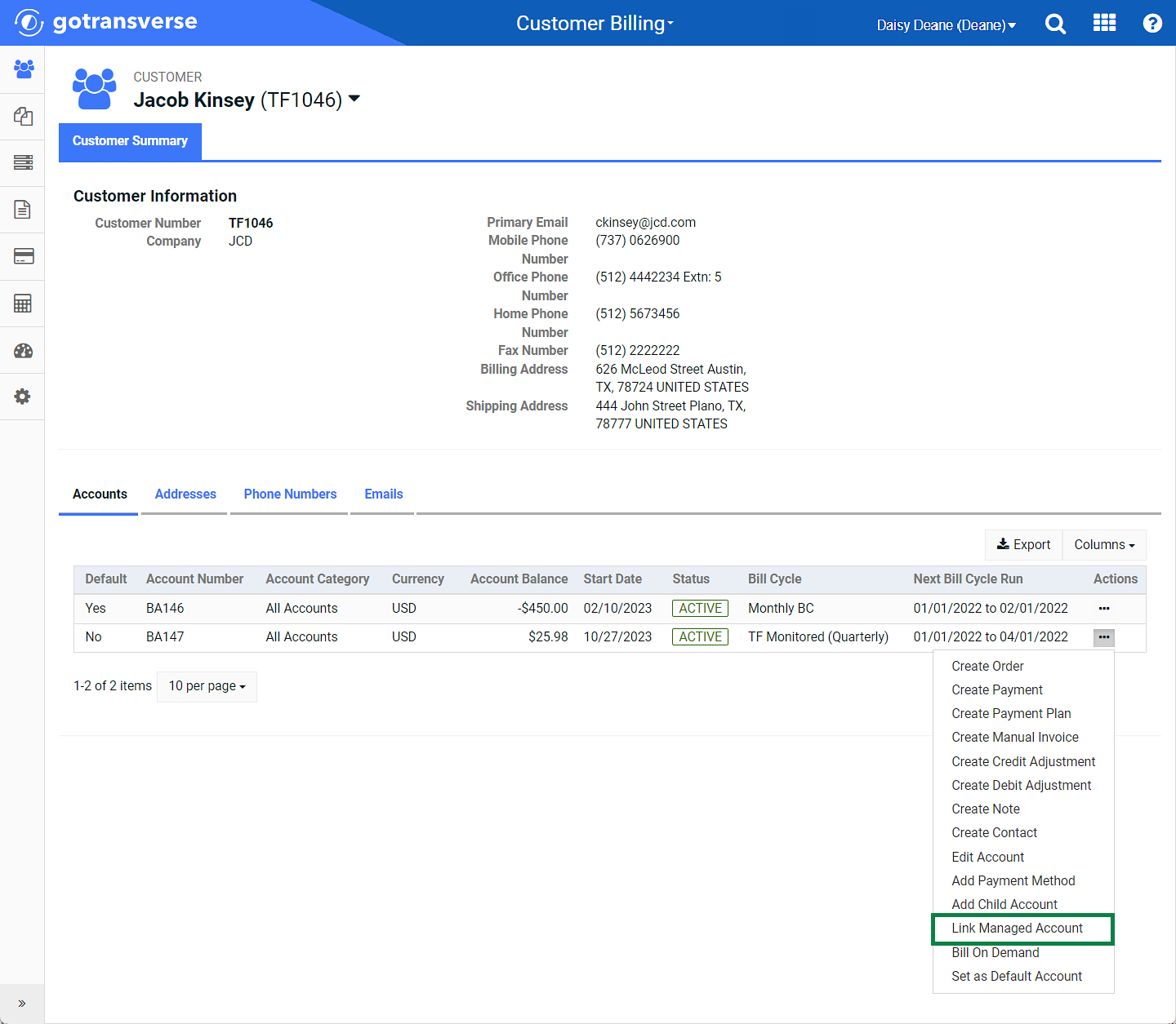 Customer Summary Window  Link Managed Account