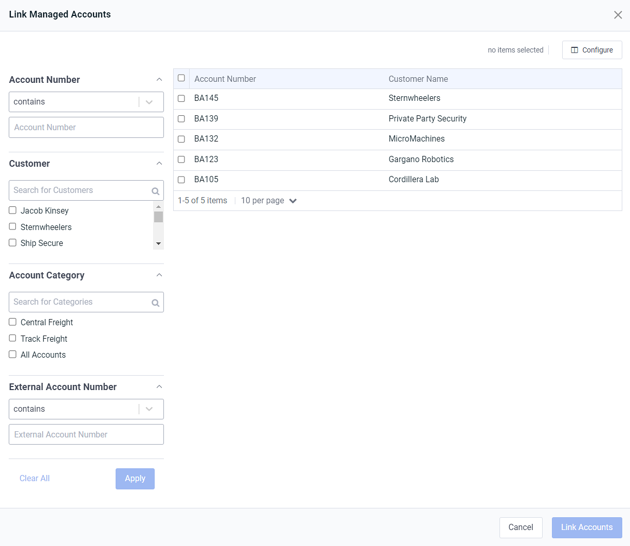 Link Managed Accounts Window