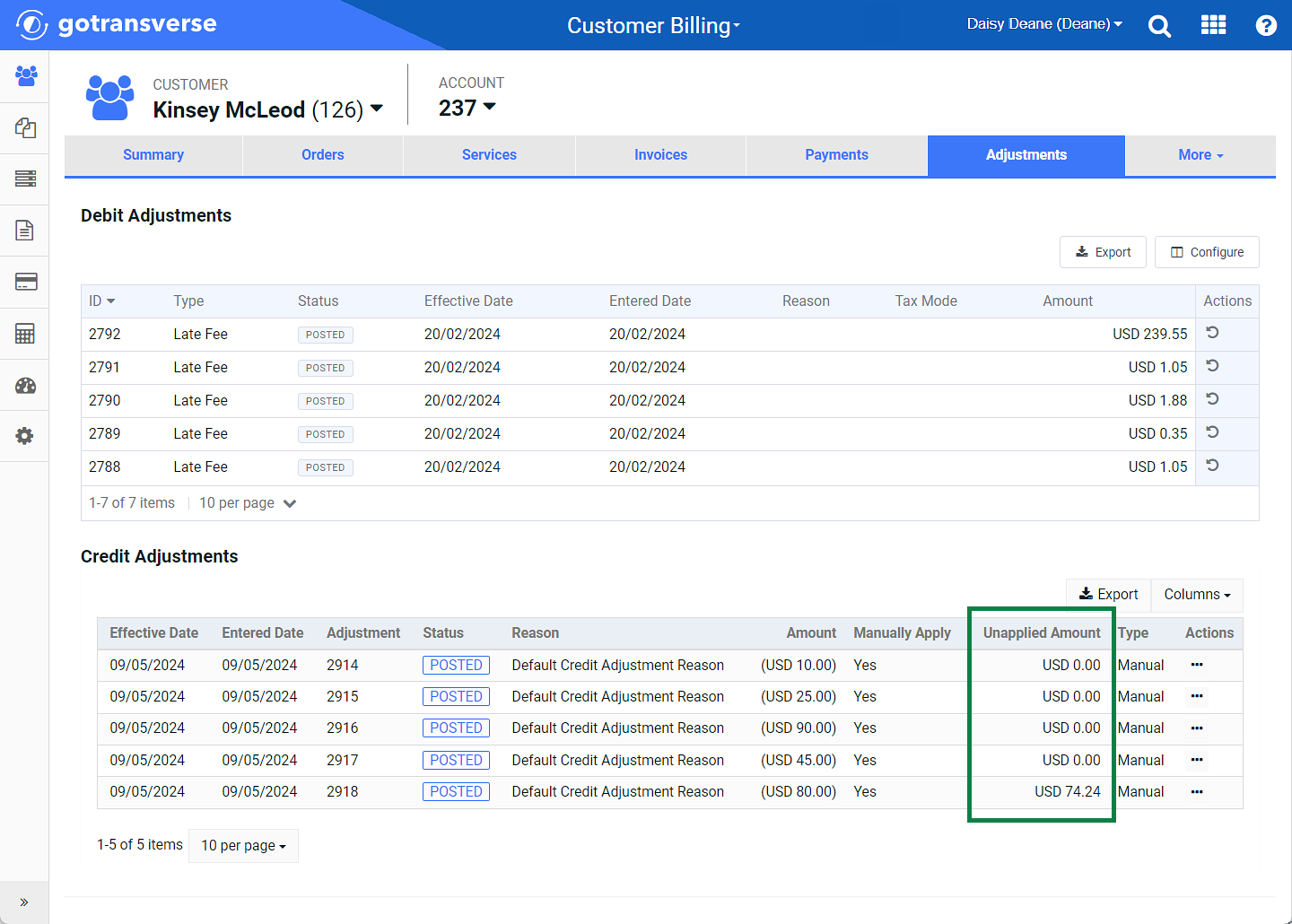 Adjustments Window - Credit Adjustments Section