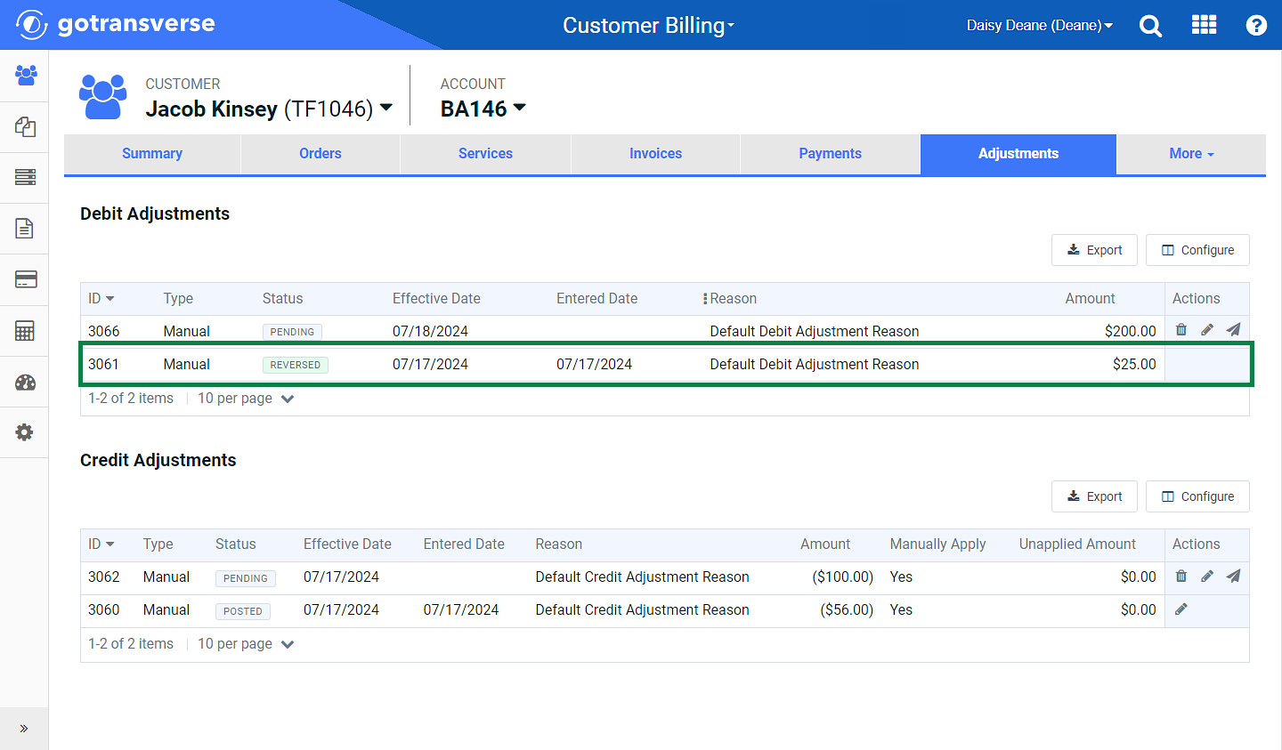 Debit Adjustment Status Reversed