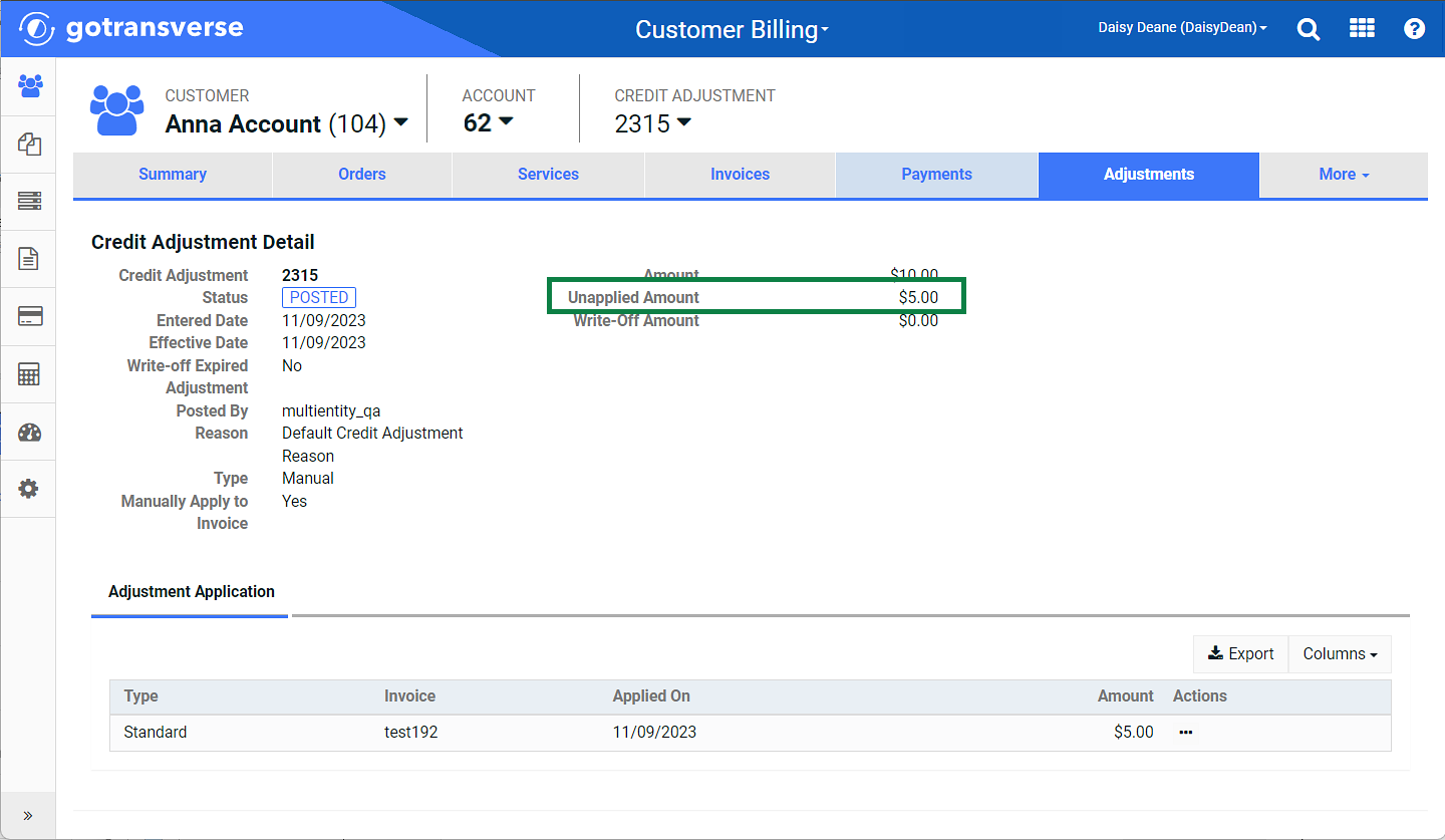 Unapplied Amount of Credit Adjustment