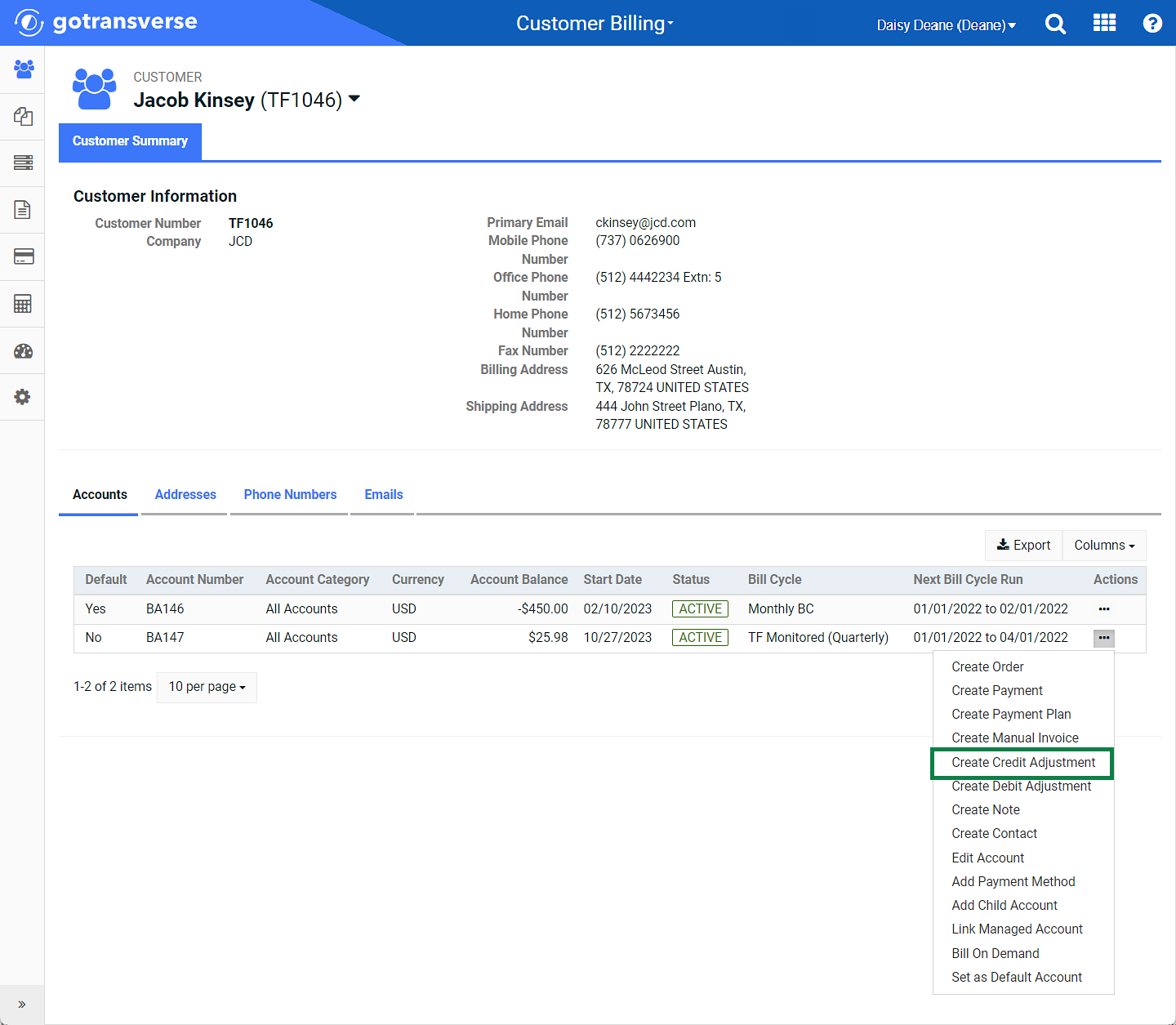 Customer Summary Window Create Credit Adjustment