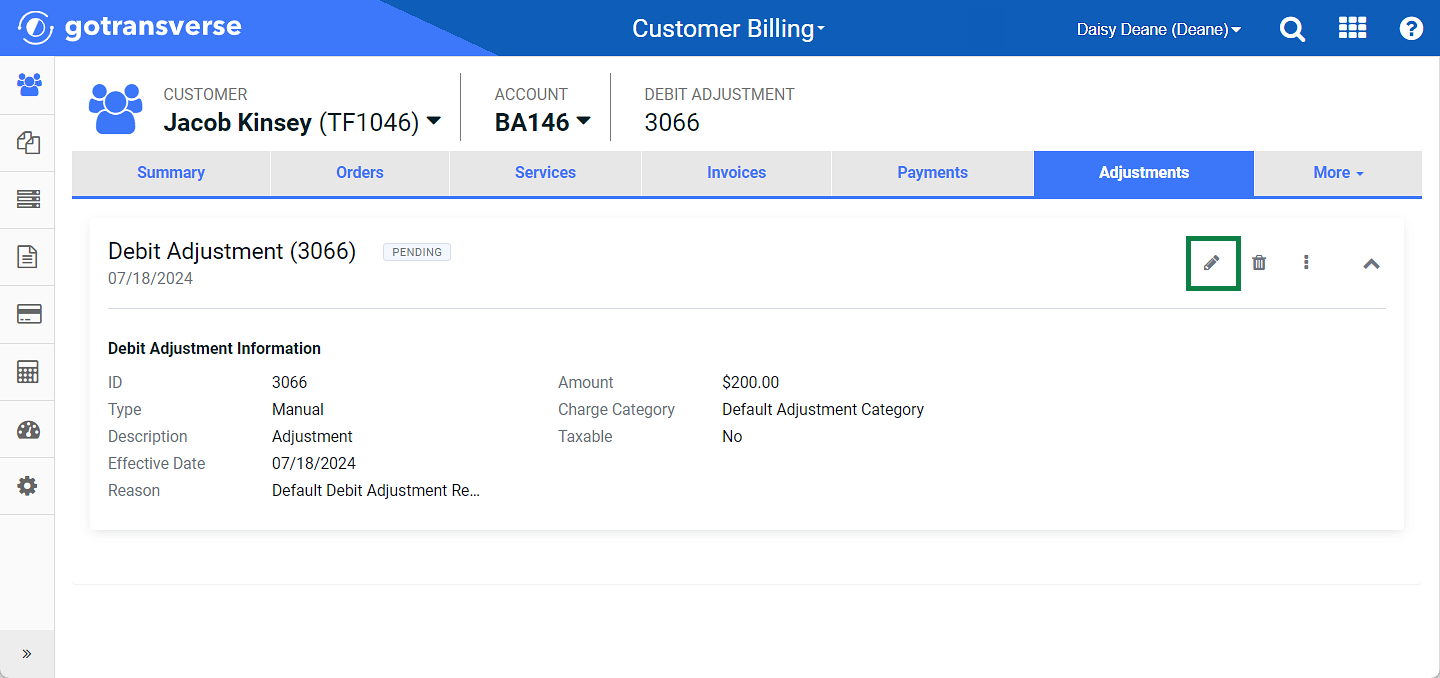 Debit Adjustment Details Window - Edit Icon