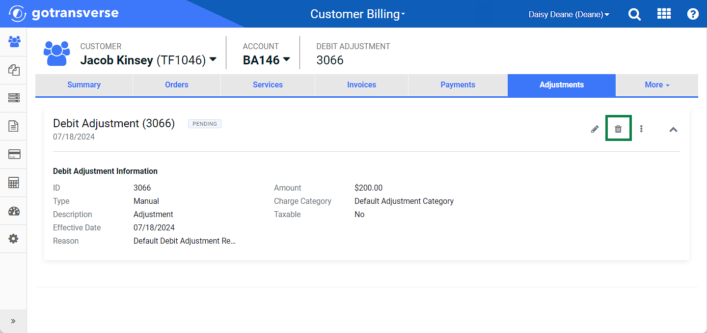 Delet Debit Adjustment Details Window - Delete Icon