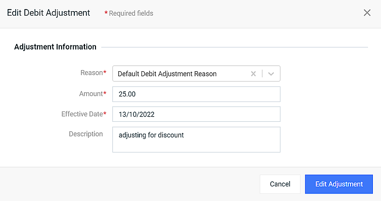 Edit Debit Adjustment Window