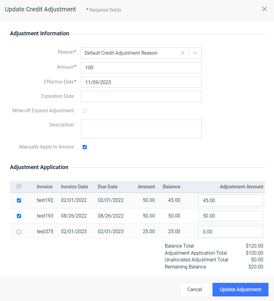 Update Credit Adjustment Window