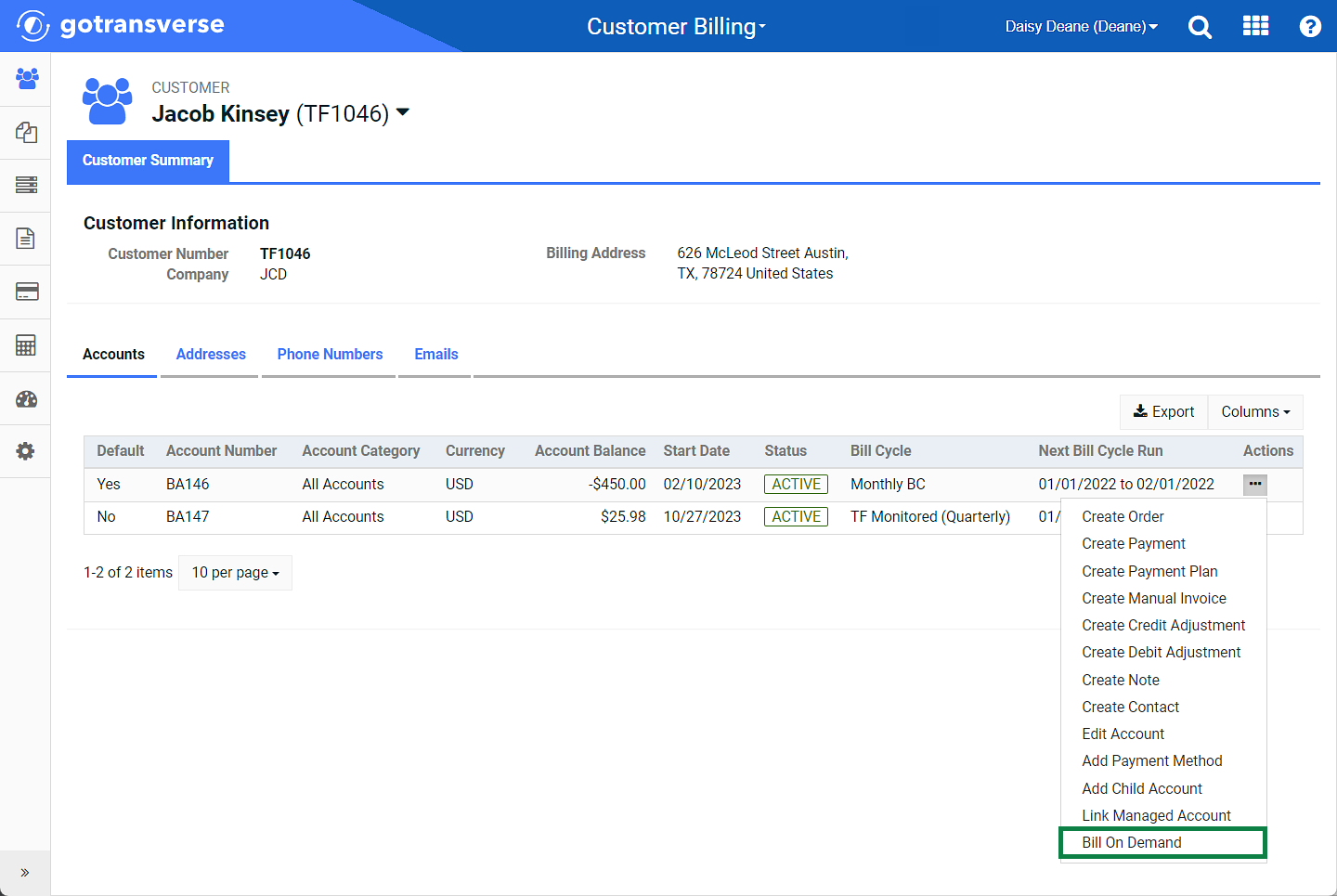 Actions Menu - Bill On Demand Option