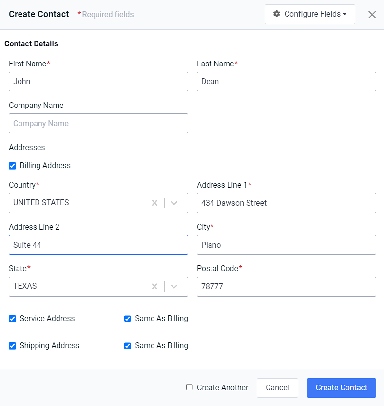 Create Contact Window with Service and Shipping Address Selected for Same As Billing