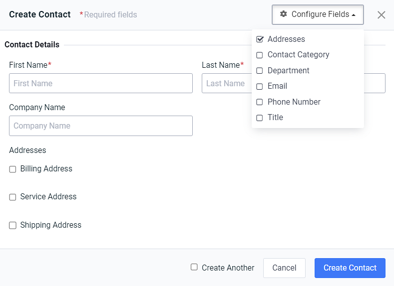 Create Contact Configure Fields Drop-down List