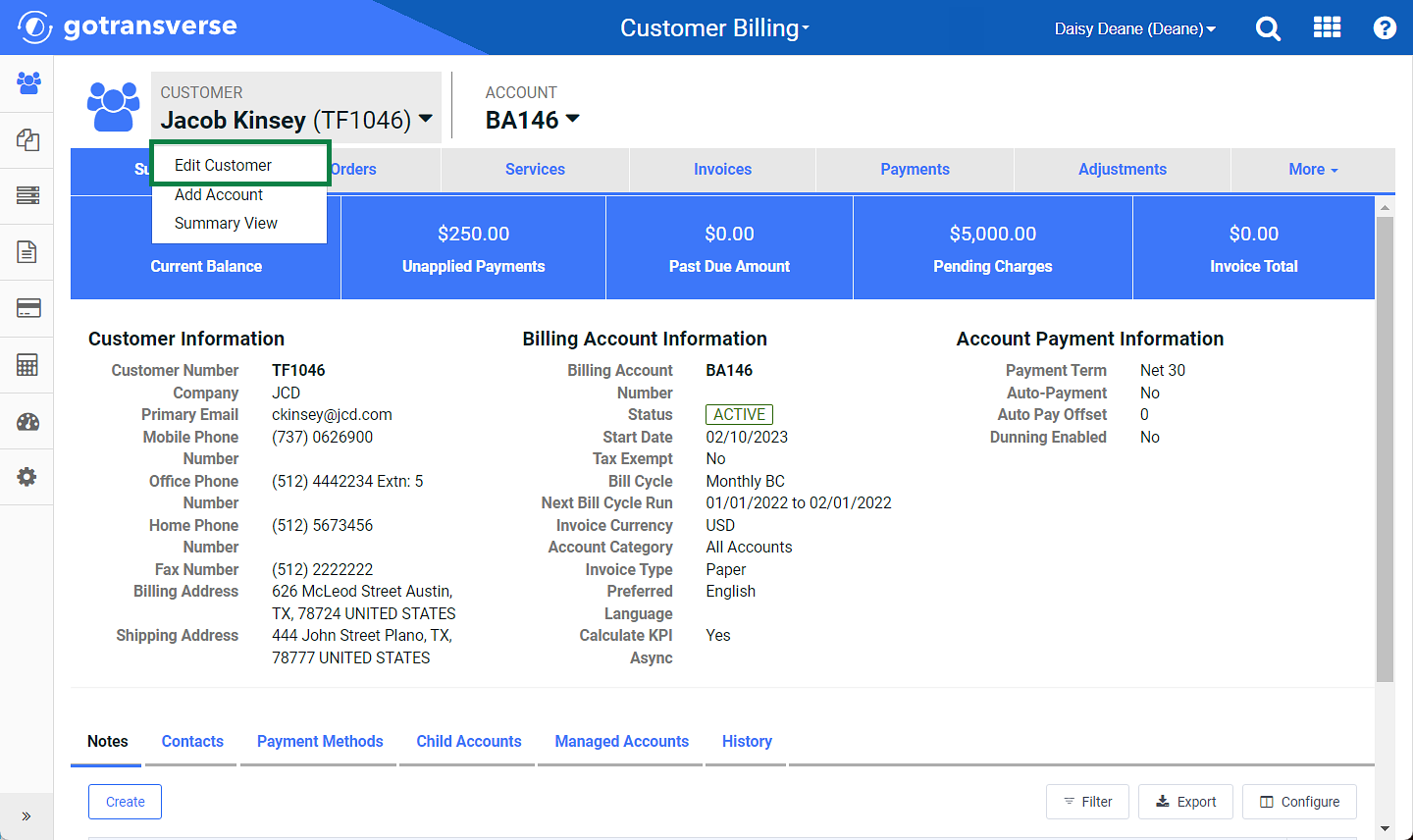 Customer Drop-Down Menu - Edit Customer Option